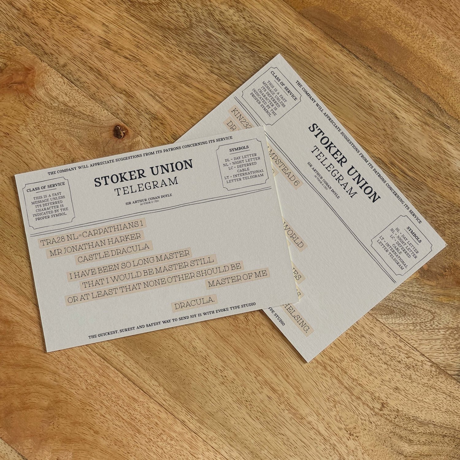 Two vintage telegram-style literary notecards from the Literary Collection