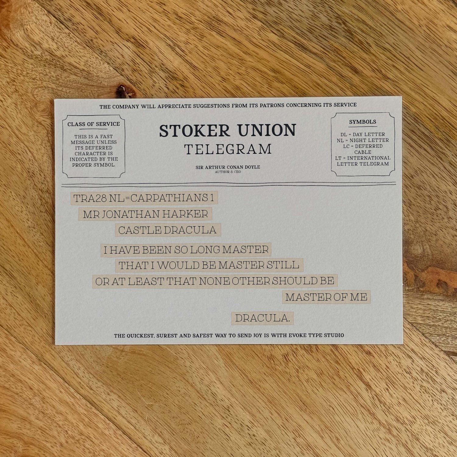 Dracula literary quote notecard designed in old-fashioned telegram style