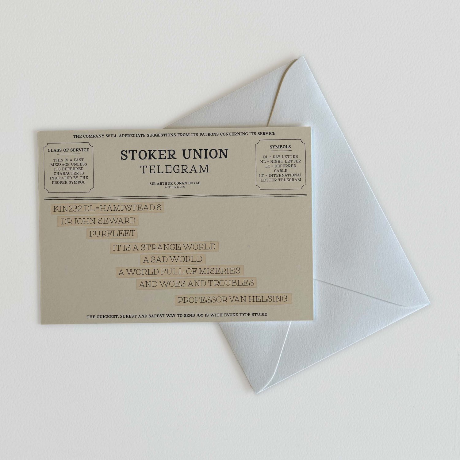 Van Helsing literary quote notecard designed in old-fashioned telegram style