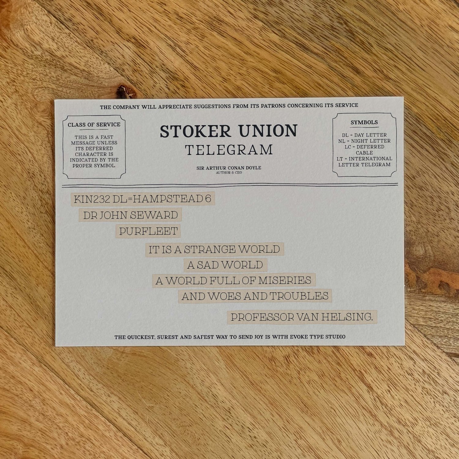 Van Helsing literary quote notecard designed in old-fashioned telegram style