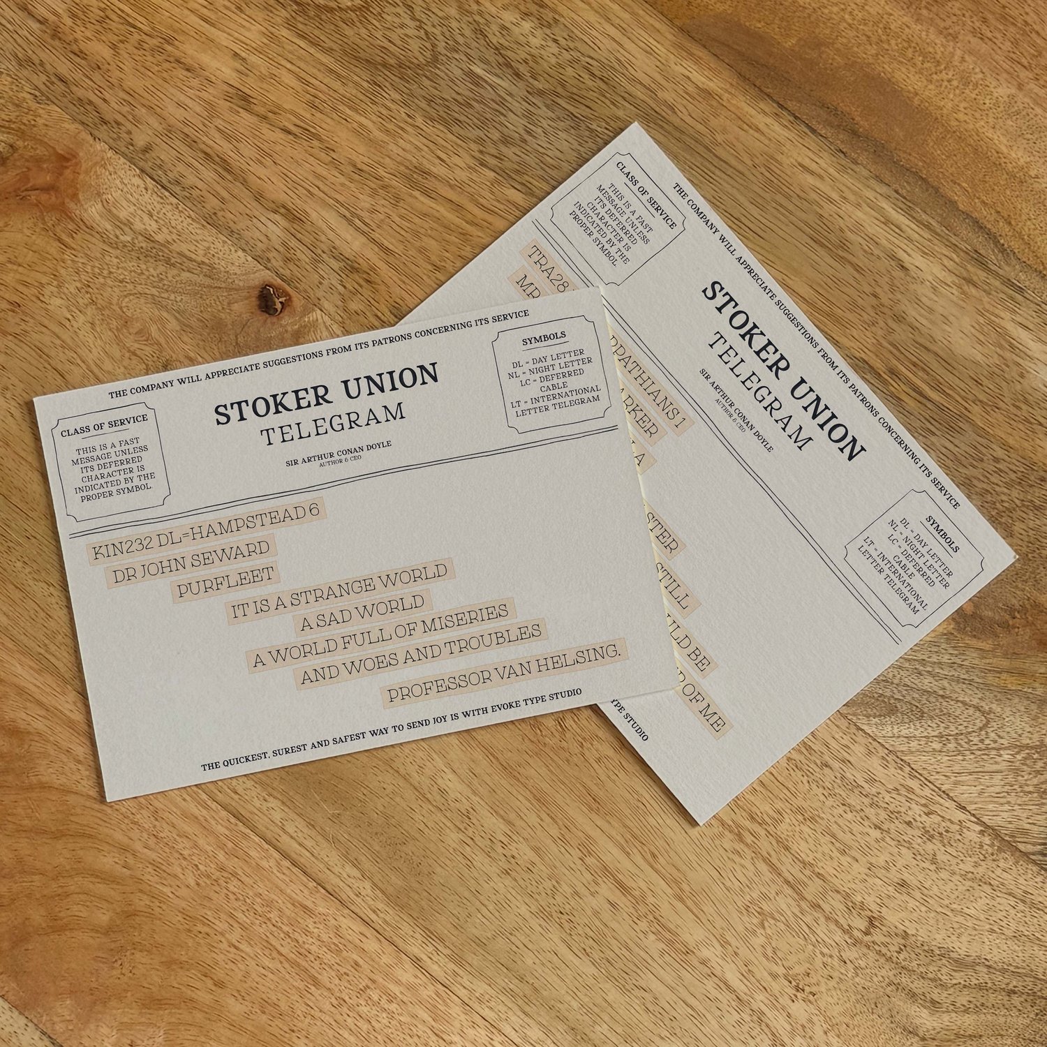 Two vintage telegram-style literary notecards from the Literary Collection