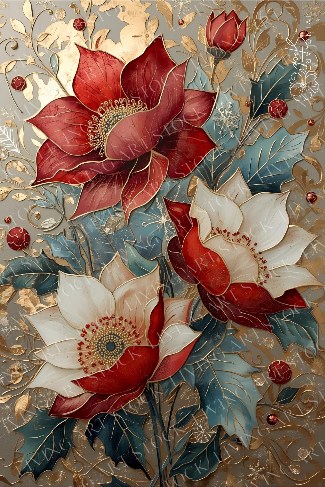 A highly elegant and detailed Christmas background featuring a centerpiece of large, sculptural winter flowers in vibrant deep red and creamy white. The blooms are surrounded by stylized holly leaves in cool dusty blue and teal, all richly outlined in met