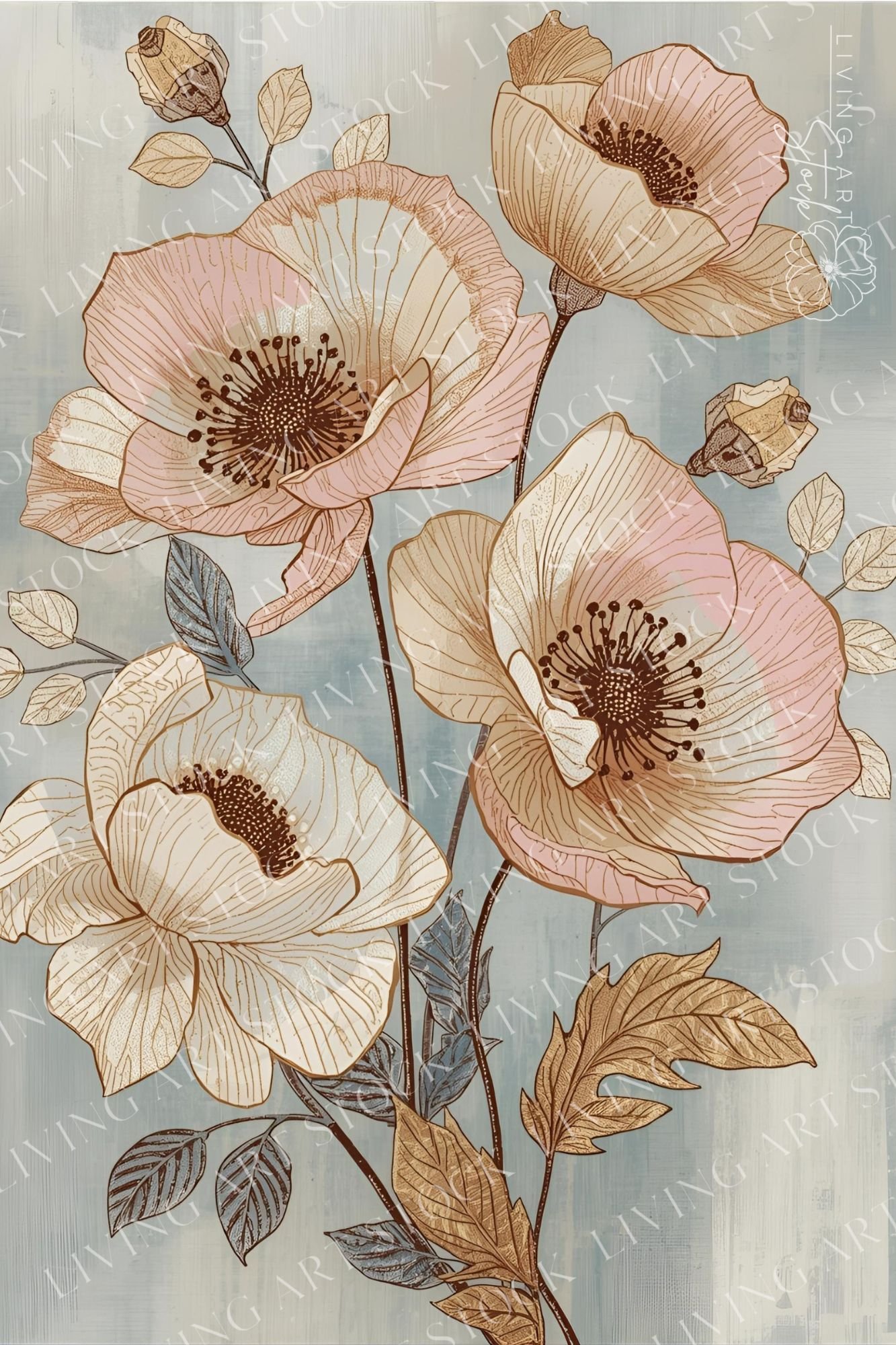 An ethereal and elegant vertical image featuring a cluster of stylized poppies and buds rendered in fine line art. The flowers are colored in soft, delicate shades of blush pink, cream, and sepia beige, with intricate hatching and brown accents in the cen
