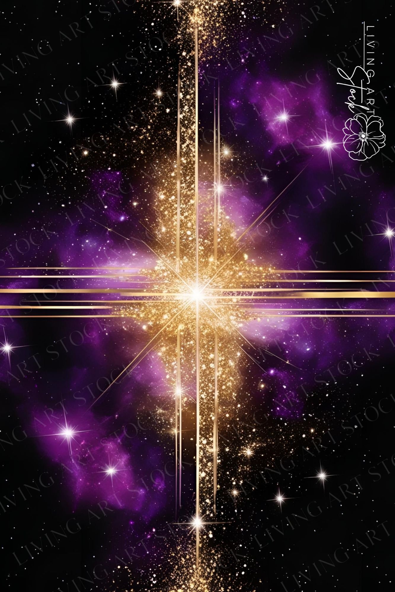Black and Purple galaxy background with gold glitter cross center