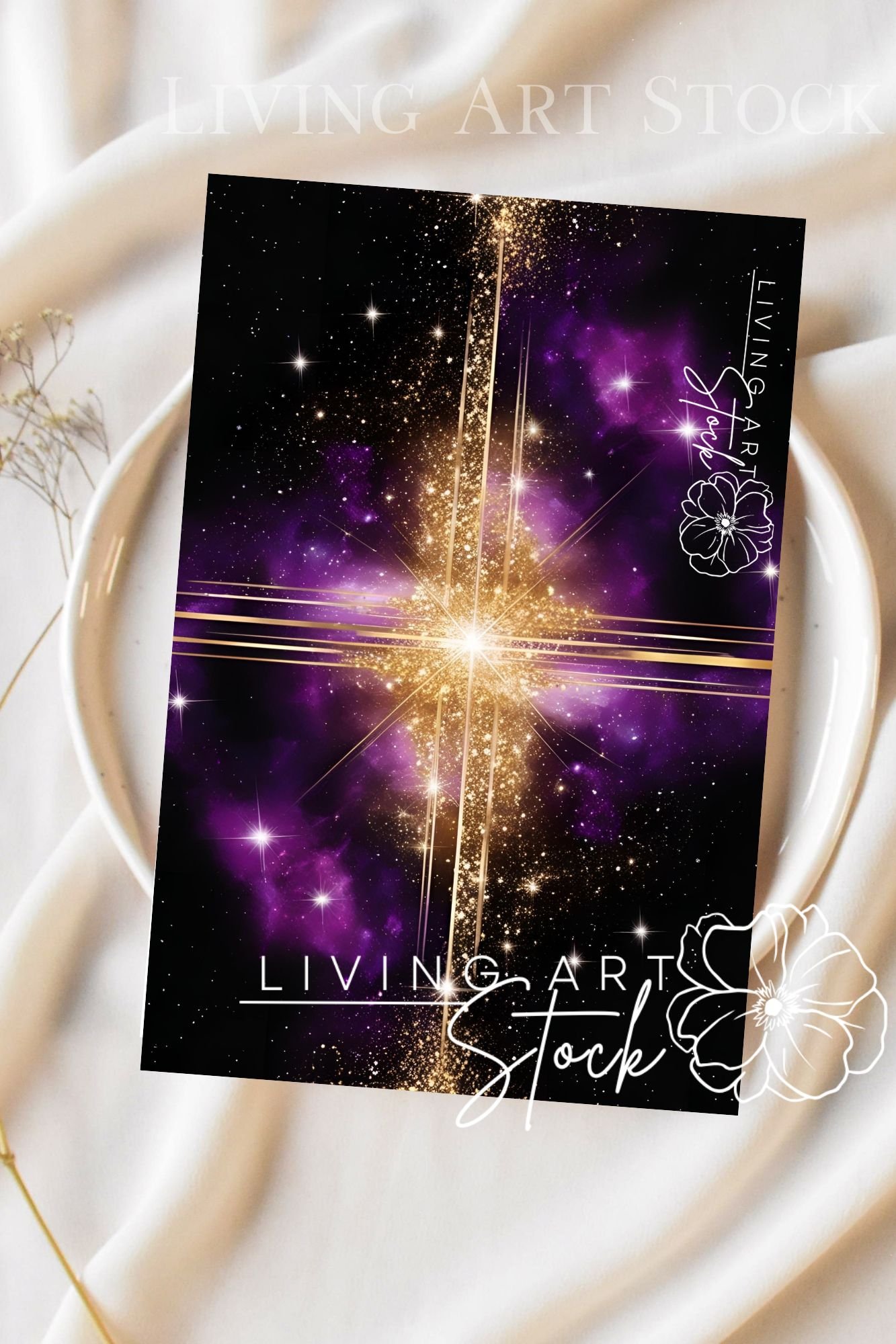 Purple galaxy cross greeting card design