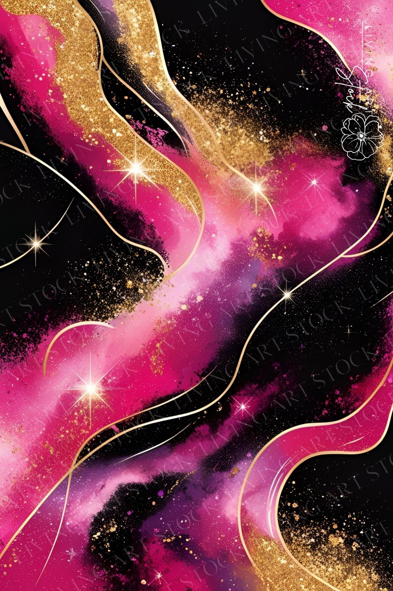A highly dynamic and luxurious abstract background featuring a dramatic color palette of intense fuchsia pink, magenta, purple, and stark black. The composition is dominated by swirling, nebulous color fields that resemble a cosmic cloud or galaxy, inters