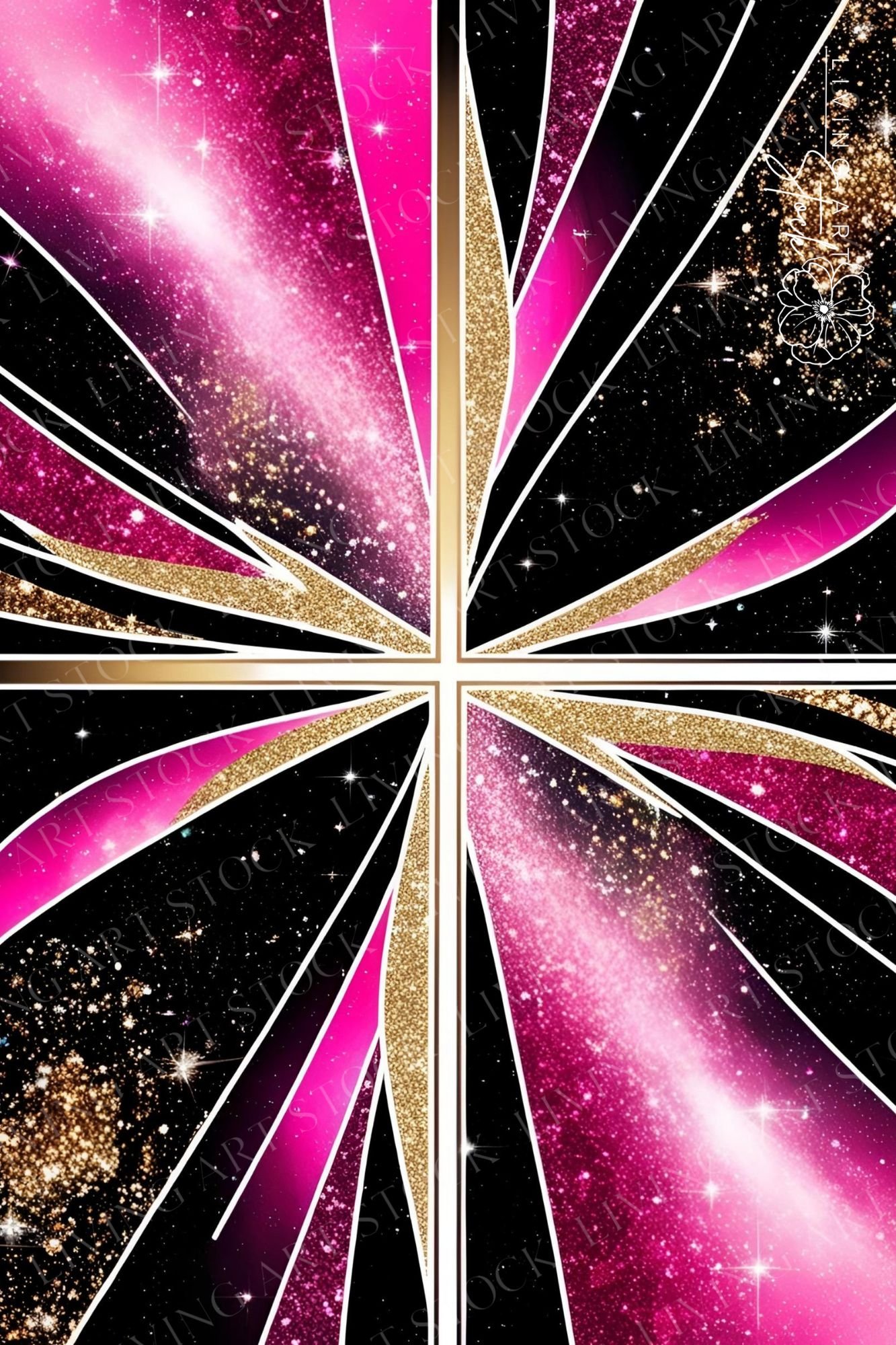 bold and dynamic abstract background featuring a geometric design reminiscent of Art Deco or stained glass, divided into quadrants by a cross shape. The composition is highly stylized, combining stark black segments with vibrant fuchsia pink and magenta g