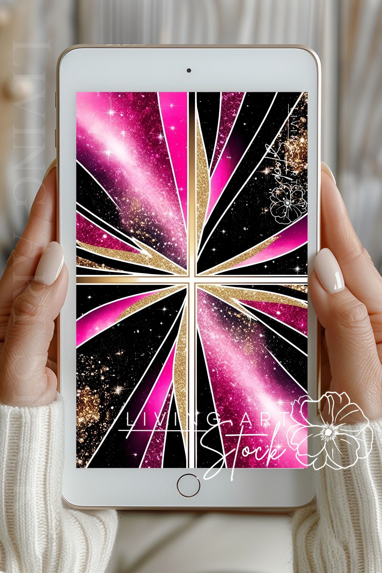 bold and dynamic abstract background featuring a geometric design reminiscent of Art Deco or stained glass, divided into quadrants by a cross shape. The composition is highly stylized, combining stark black segments with vibrant fuchsia pink and magenta g