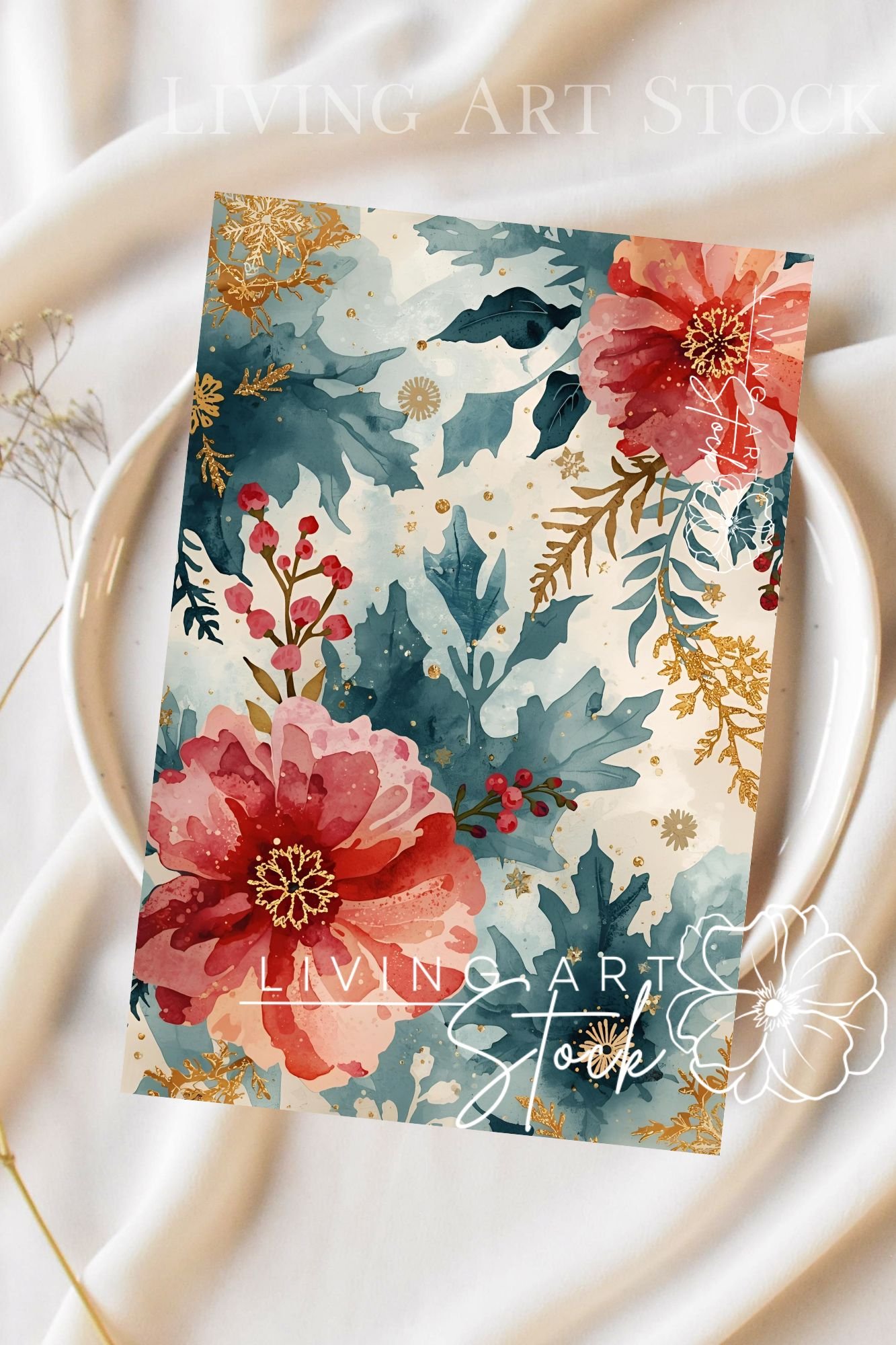 A delicate and modern watercolor pattern featuring large, stylized winter flowers in soft, textured washes of red and pink with contrasting teal and blue-green foliage, reminiscent of holly or thistle leaves. The artwork has a loose, painterly feel, accen
