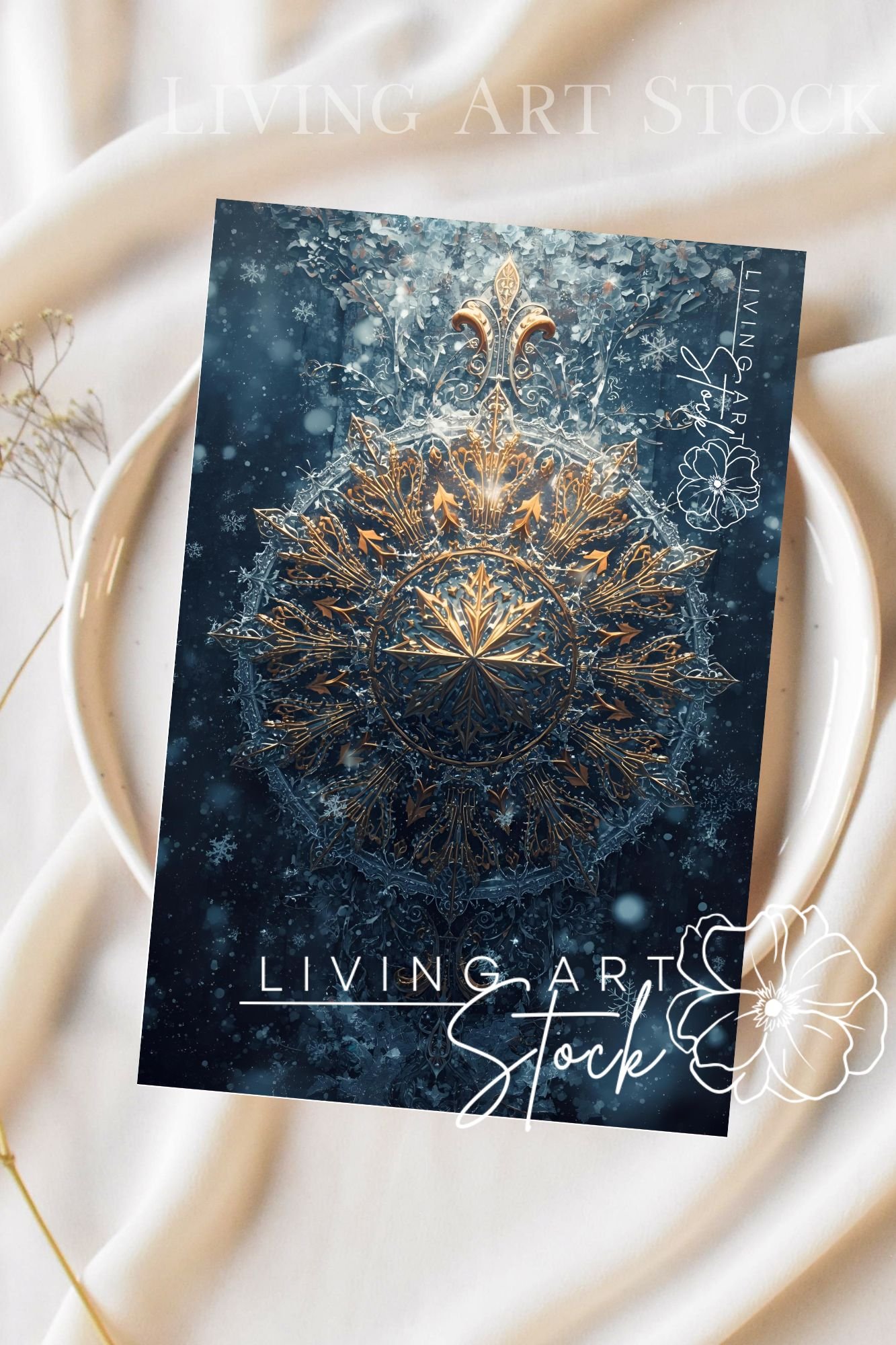A highly detailed and symmetrical image centered around an intricate medallion design, evoking a powerful winter motif. The design is a fusion of metallic gold scrollwork and frosted, icy textures in shades of white and cool blue-grey, suggesting a magnif