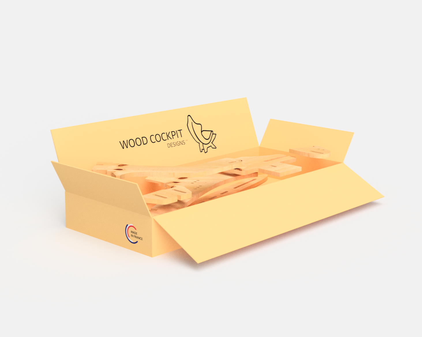 Render of the cockpit pre-cut flat pack kit content