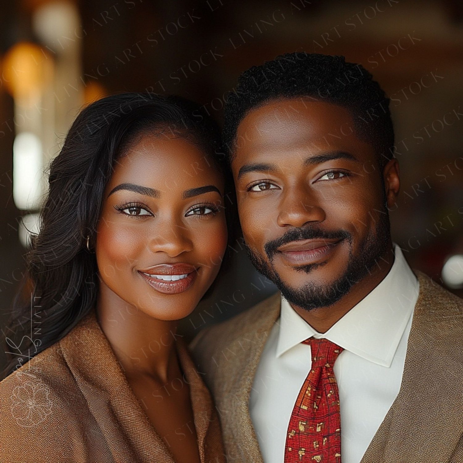 A warm, close-up portrait of an attractive and confident Black couple dressed in sophisticated business attire. The man is wearing a tan or light brown suit jacket, a cream or white dress shirt, and a striking patterned red tie. The woman is wearing a com
