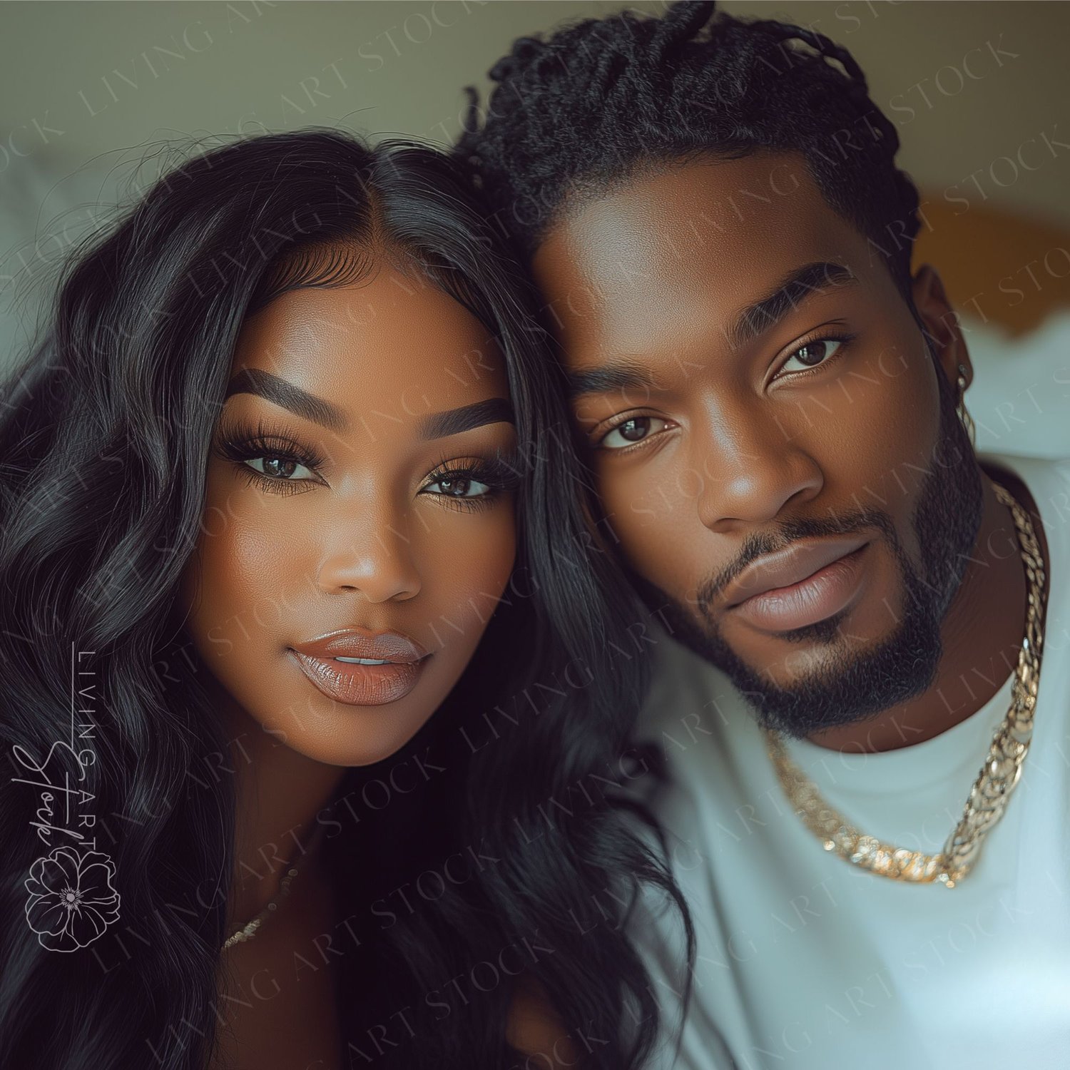 A very close-up and intimate portrait of an attractive Black couple with a strong, affectionate connection. They are positioned cheek-to-cheek, looking directly at the camera with warm and engaging expressions. The woman has long, flowing dark hair and gl