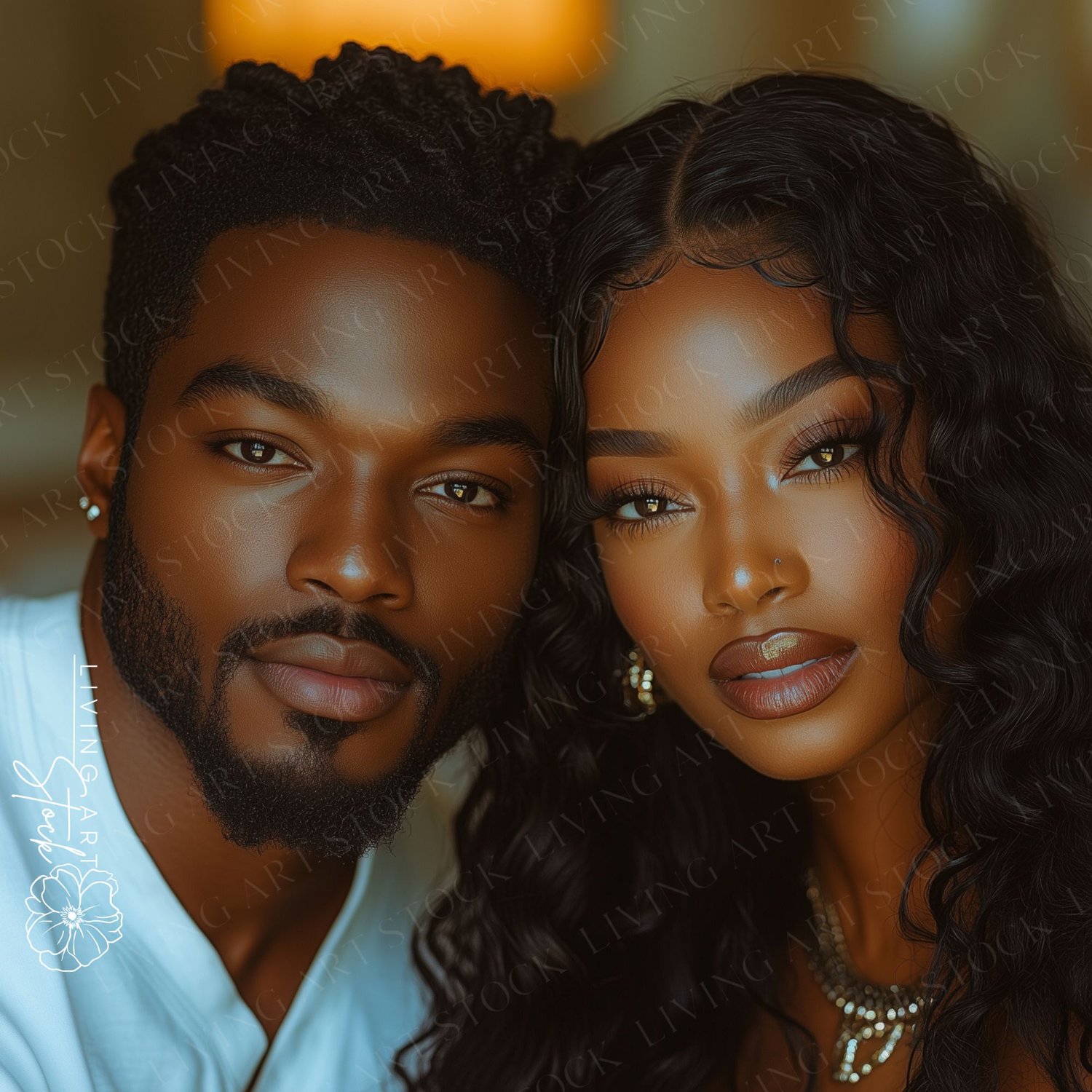 A captivating, high-fashion close-up portrait of a beautiful Black couple looking directly at the camera with intense and alluring gazes. They are positioned intimately, with their heads close together. The woman has long, wavy dark hair, striking eye mak