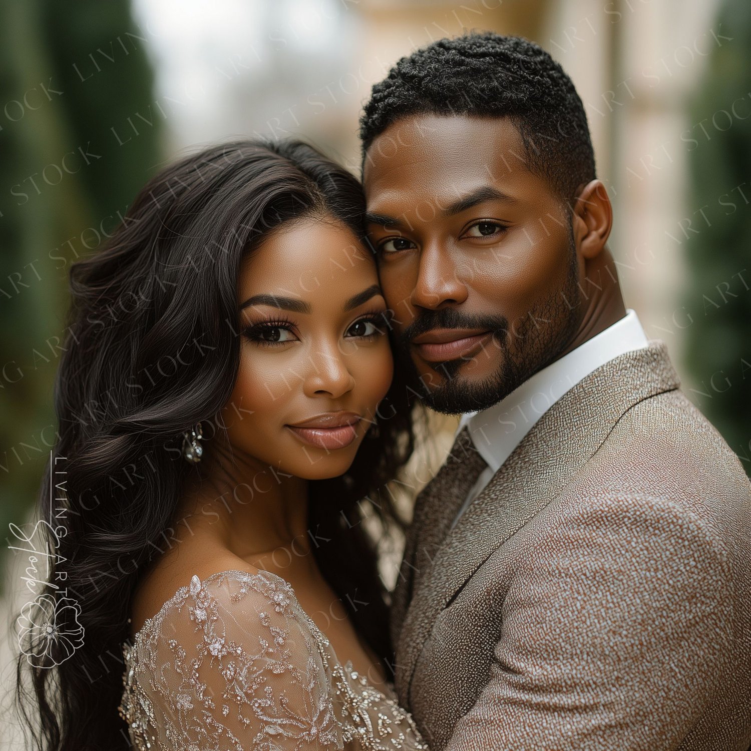 Black Man and Woman Embracing for a Photoshoot, She is Wearing Beige Chiffon Beaded Dress While He is Wearing a Taupe Suit with Tie