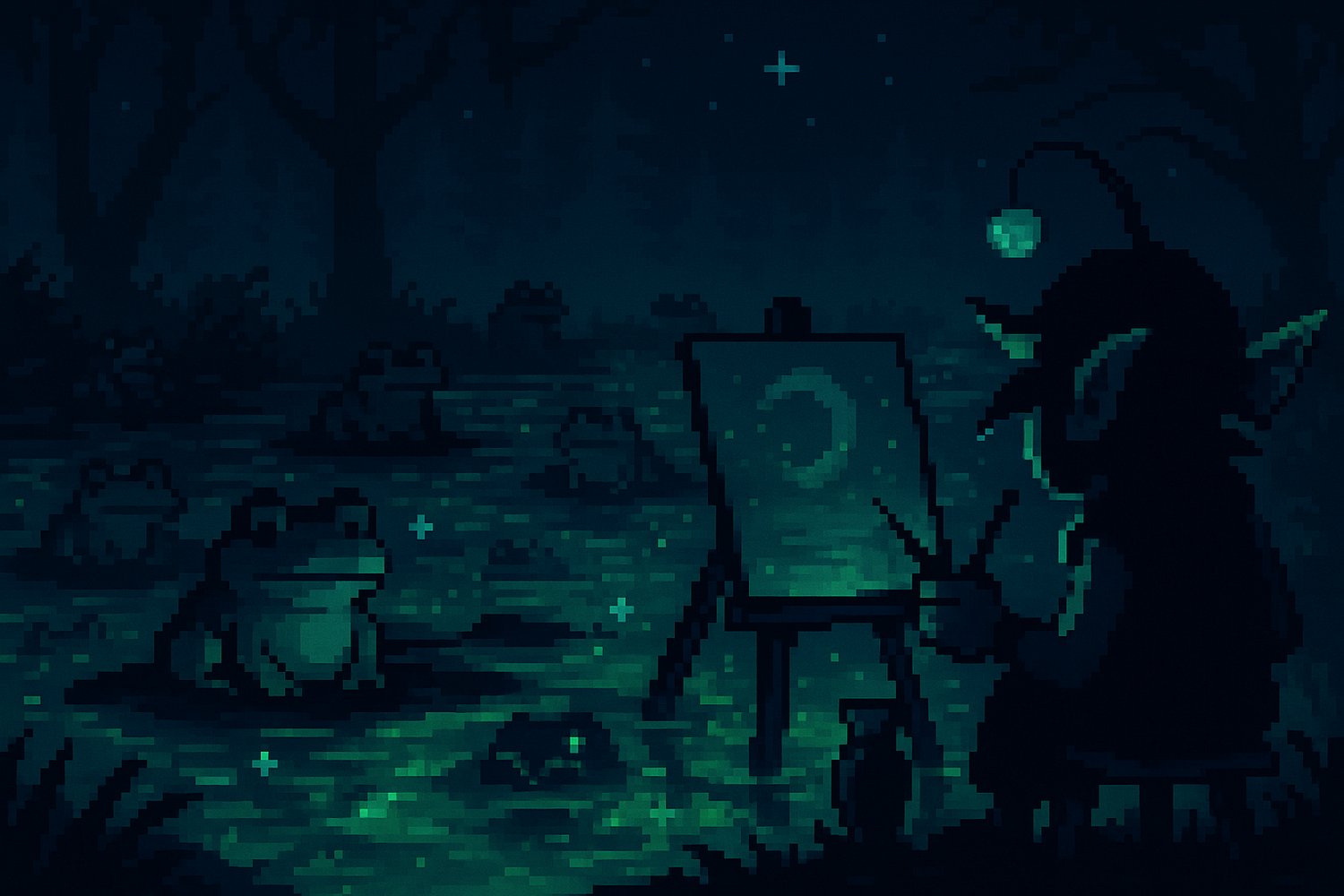 Pixel art of the Glitter Bog. Green hued swamp with frogs and a goblin making a painting of moon on an easel.