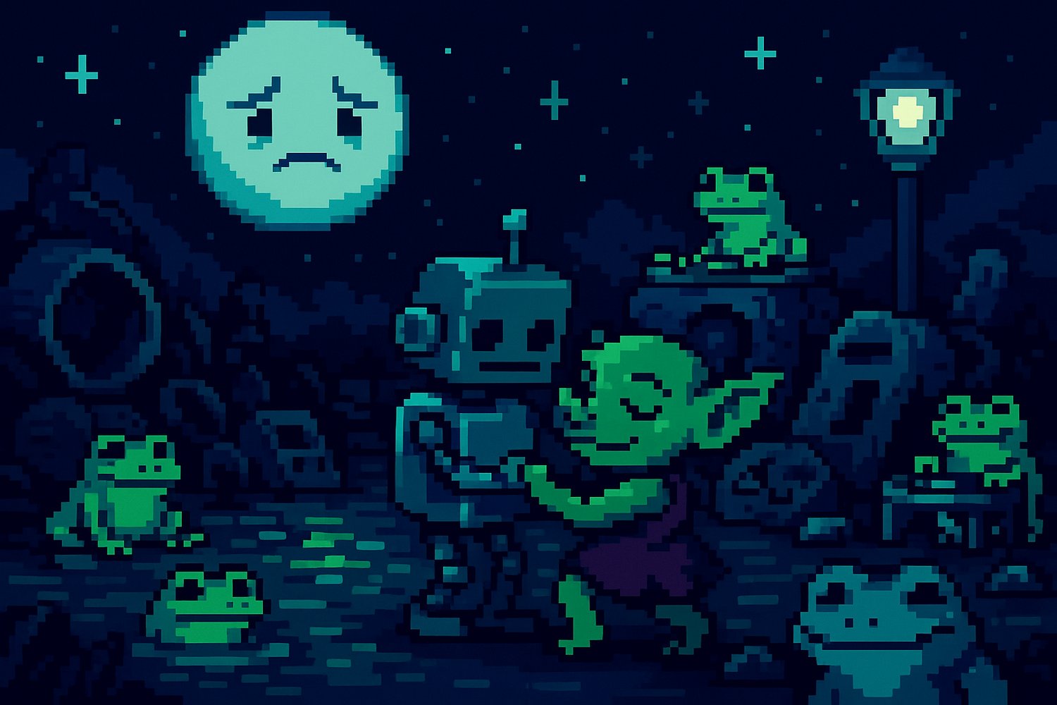 Pixel art of the Moonlight Junkyard. A goblin dances with a robot while frogs watch smiling. Stars twinkle in the sky around a sad moon. A lantern glows above the scene.