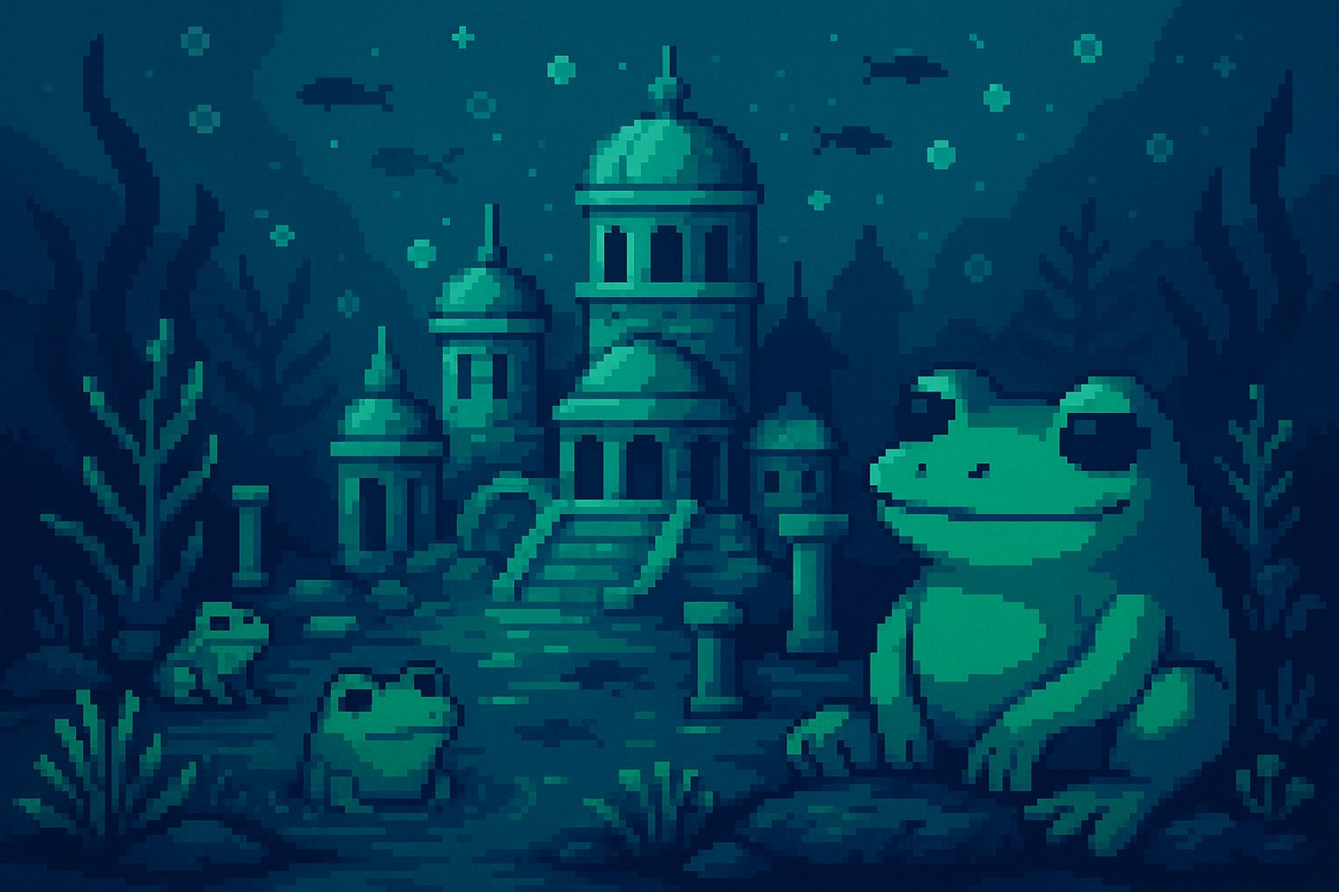 Pixel art of Frog Atlantis. Buildings with domed roofs lay underwater, with fish and bubbles floating around them. Frogs sit quietly, smiling. Water plants surrounded the scene.