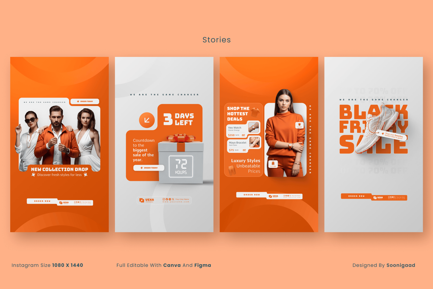 Vexa Black Friday Instagram Stories templates with a New Collection Drop, a 3 Days Left countdown, and a Hottest Deals display. High-quality and fully customizable.