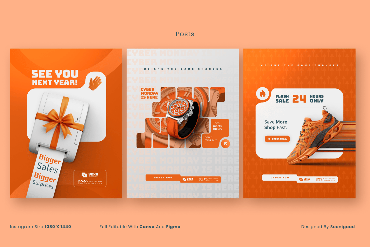 Vexa Cyber Monday Instagram Posts featuring "See You Next Year!", a watch, and a Flash Sale shoe graphic. Designs are professional and editable in Canva/Figma.