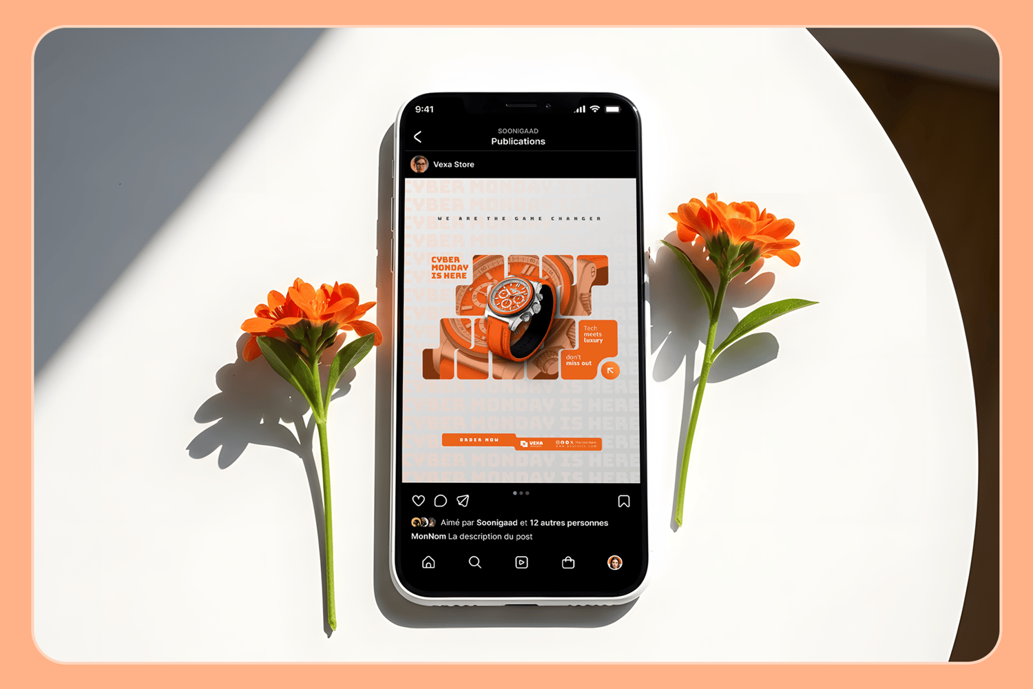 Mockup of a mobile phone displaying a Vexa Cyber Monday Instagram Post featuring a luxury watch design.