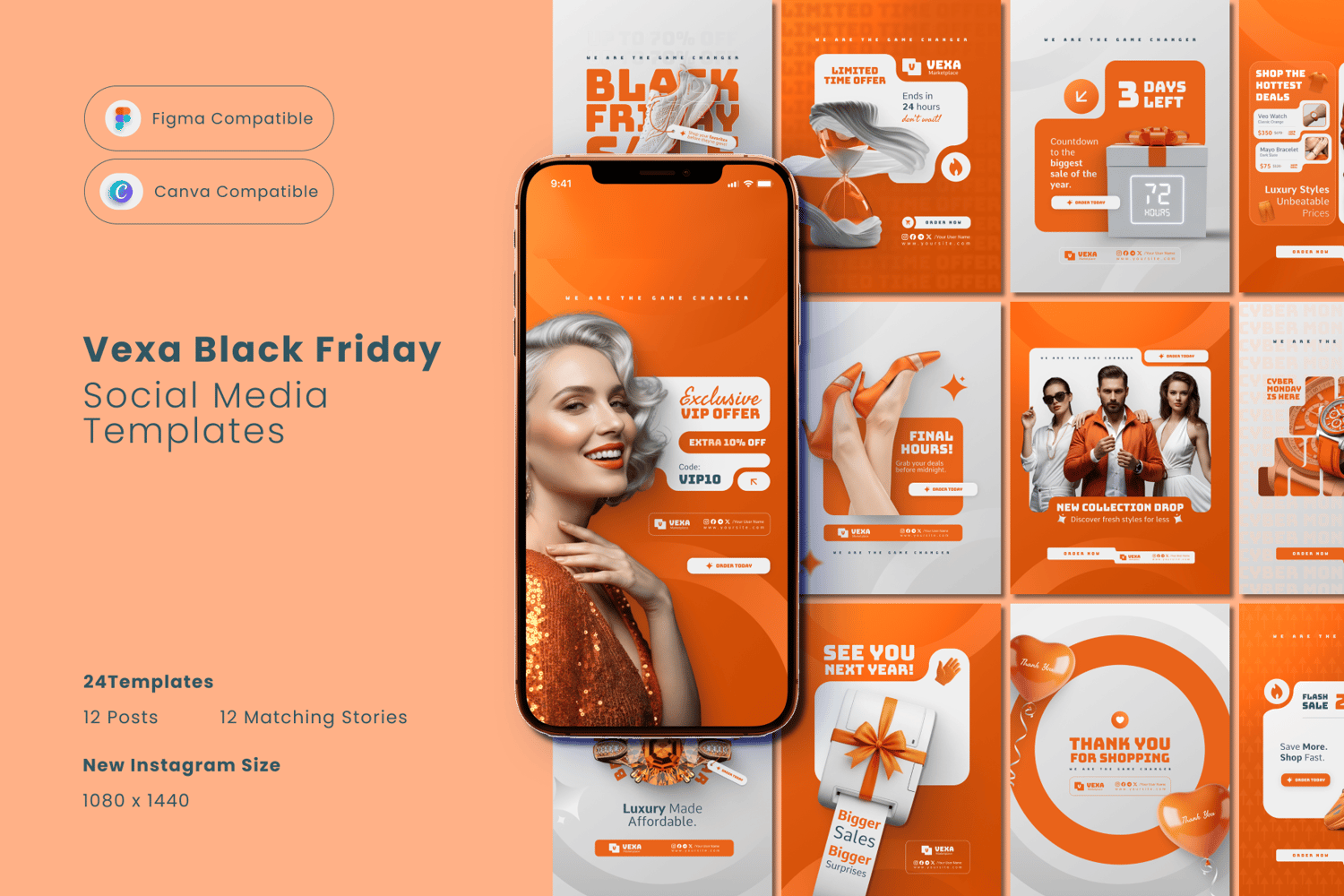 Vexa Black Friday Social Media Templates kit cover showing 24 fully editable Posts and Stories in an orange aesthetic. Compatible with Canva and Figma.