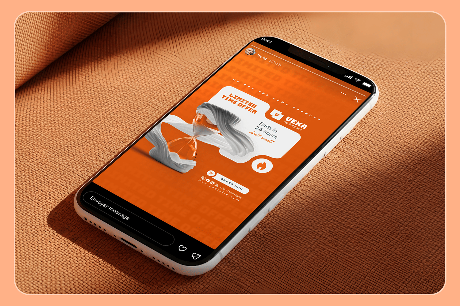 Mockup of a mobile phone displaying a Vexa Limited Time Offer Instagram Story with an hourglass graphic.