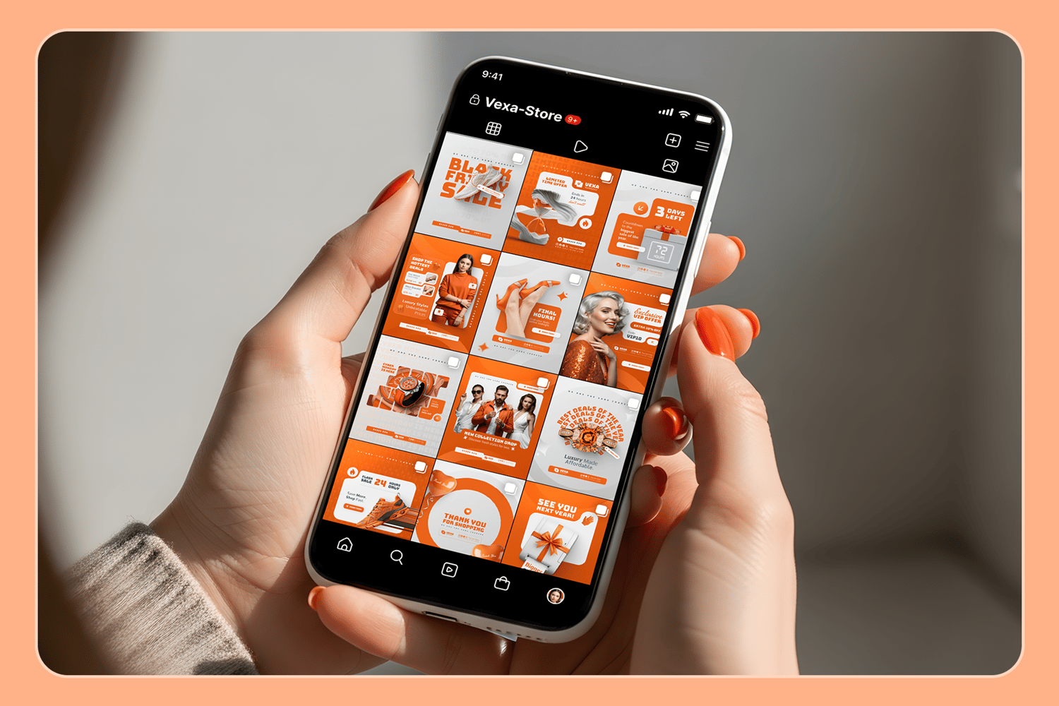 Full feed preview of the Vexa Social Media Templates showing a cohesive orange and white Black Friday aesthetic. Great for branding.