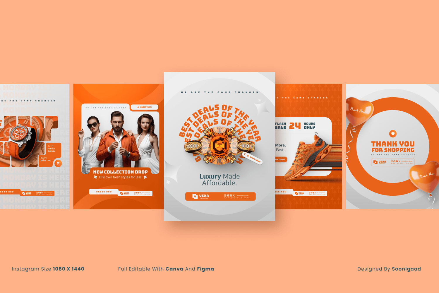 Black Friday Stories collection from Vexa, including a New Collection Drop, Best Deals of the Year, and Flash Sale templates. Full set is Canva and Figma ready.