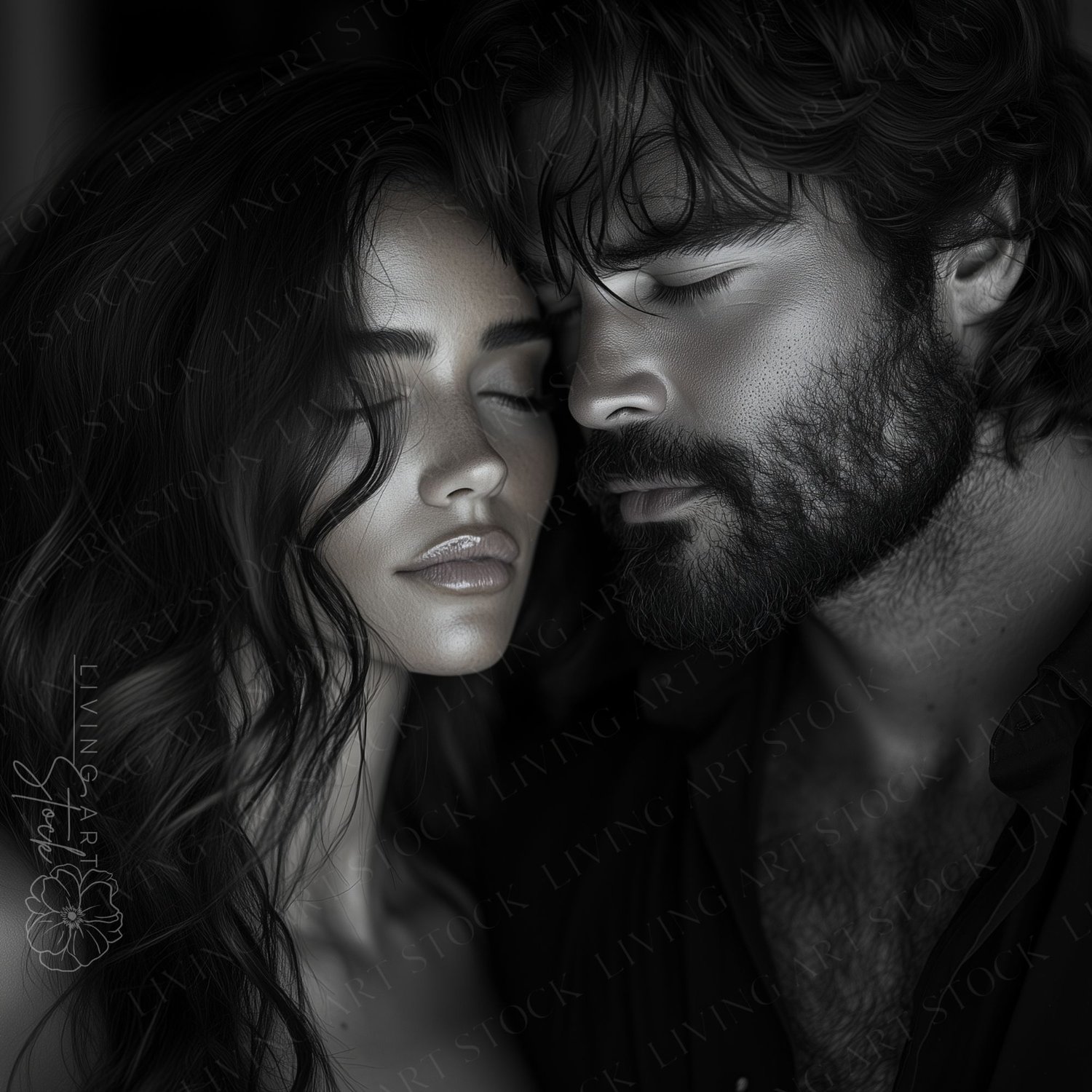 A dramatic and highly intimate black and white close-up portrait of a passionate couple embracing. Their eyes are closed, with their foreheads gently touching, conveying a deep sense of connection and emotion. The woman has long, wavy hair and soft featur
