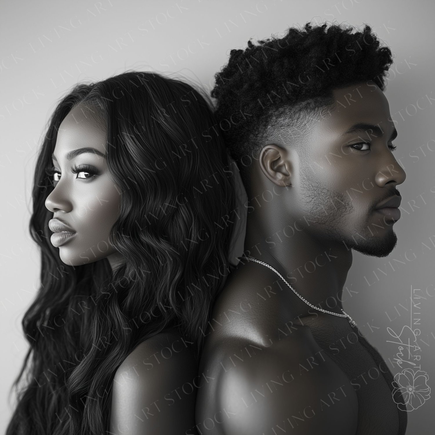 Black Man and Woman Leaning on One Another Back to Back, Intense Black and White Image, Love Story Poster, Great for Romance Book Cover