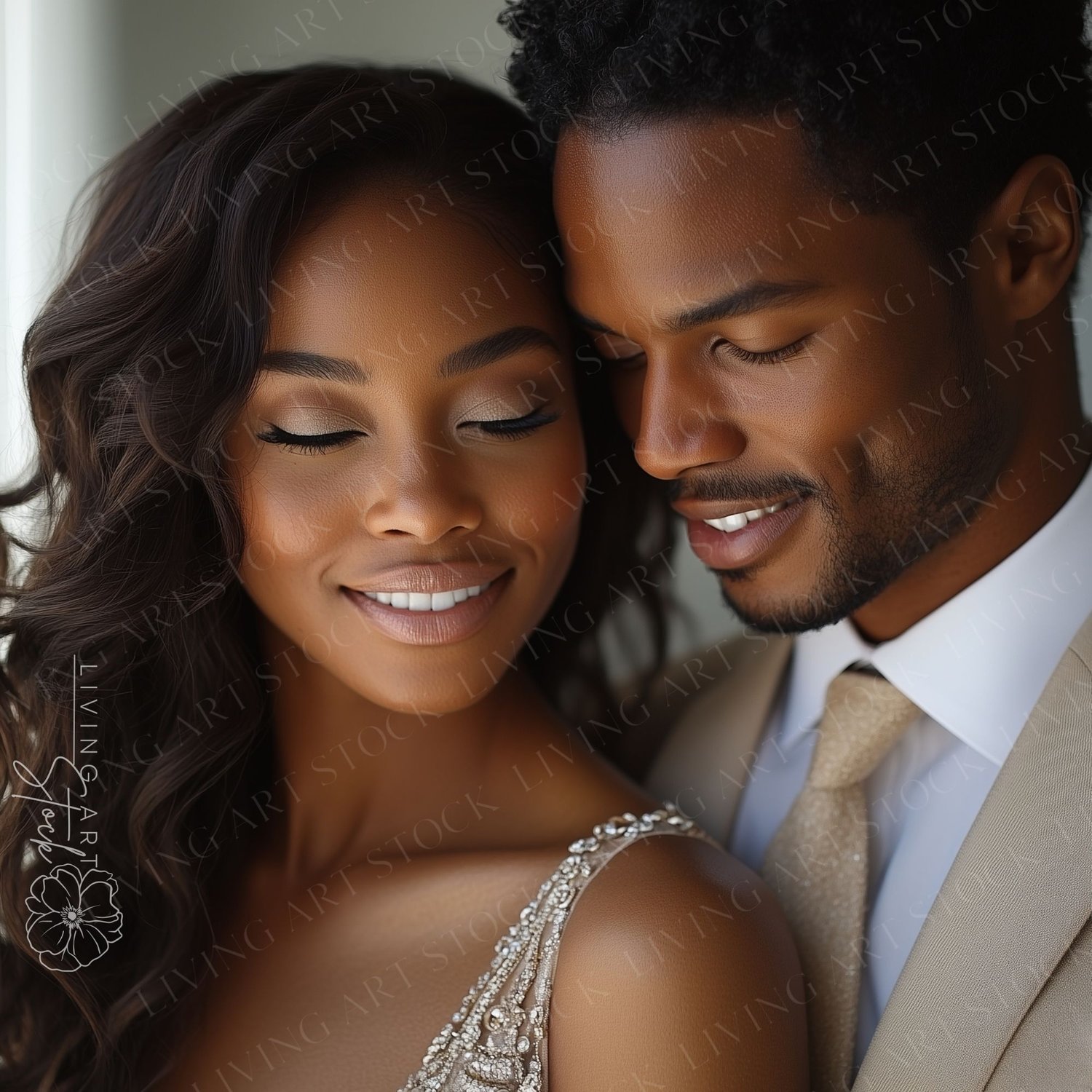 Black Man and Woman Posing for a Formal Photoshoot, She is Wearing Beige Sequin Dress While He is Wearing a Beige Suit with Tie
