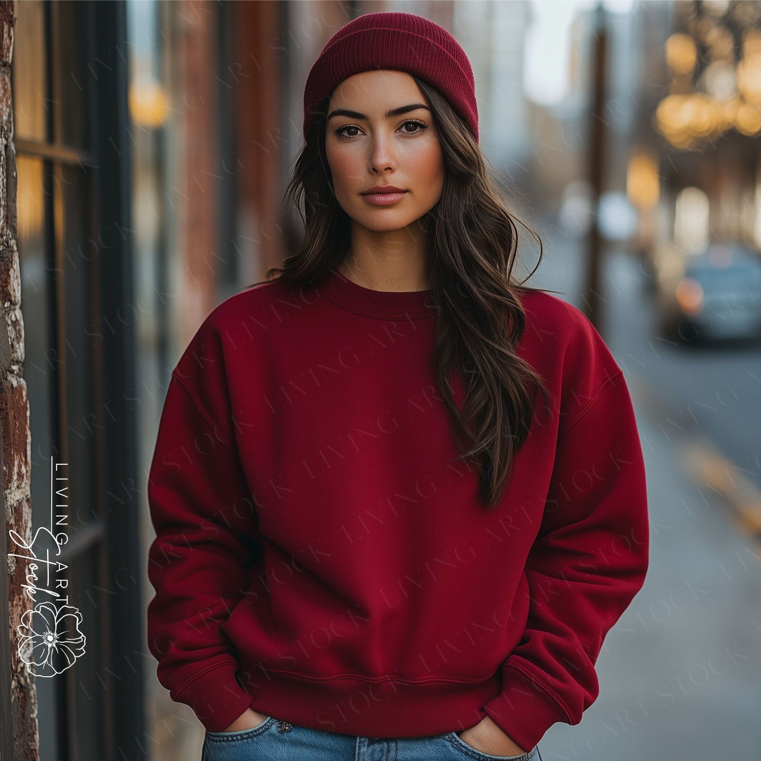 A striking young woman with long, dark, wavy hair stands on an urban sidewalk in front of a brick building, wearing a deep maroon or burgundy crewneck sweatshirt and a matching beanie. She looks directly at the camera with a neutral, confident expression.