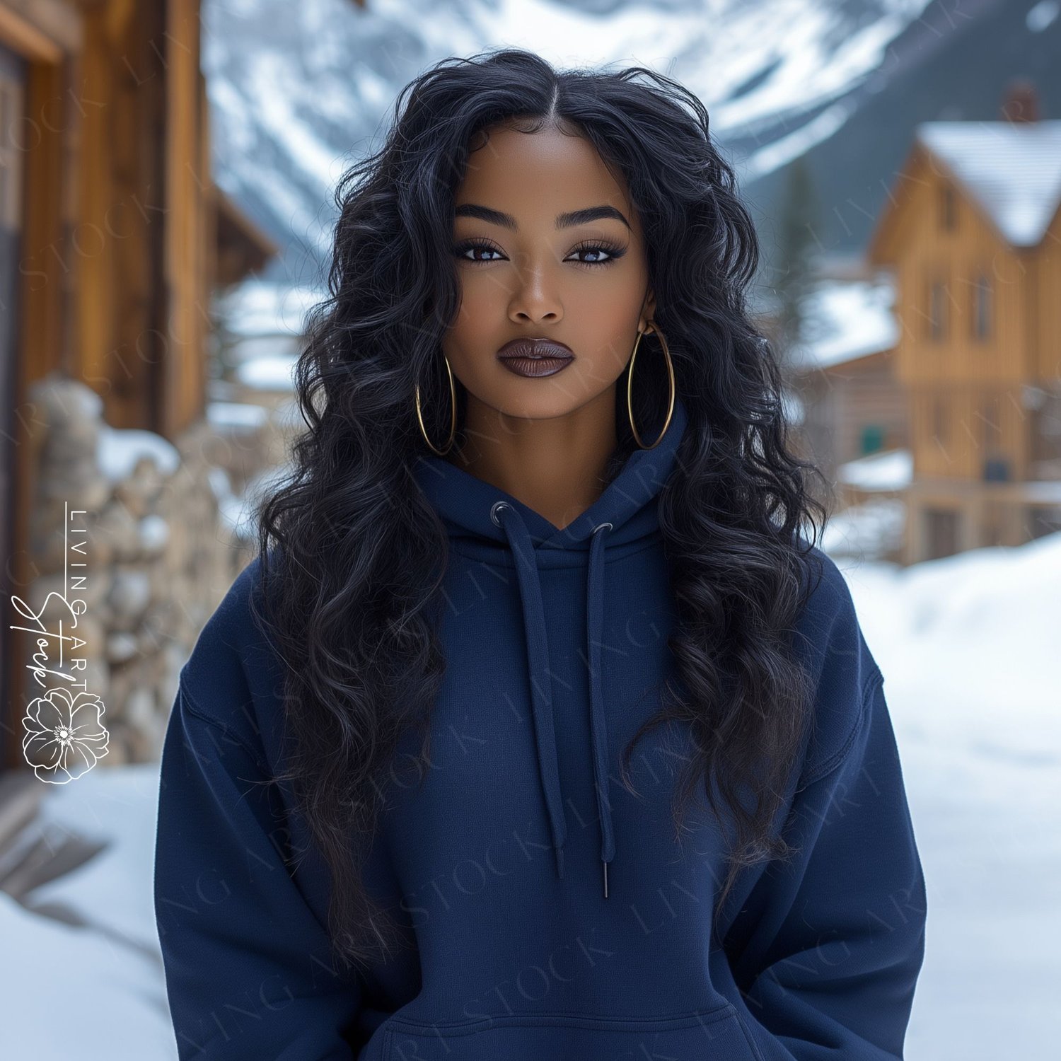 Black Woman with Long Curly Hair and dark Lipstick Wearing a Navy Blue Hoodie Sweatshirt, Winter Vacation Lodge and Mountains in the Background