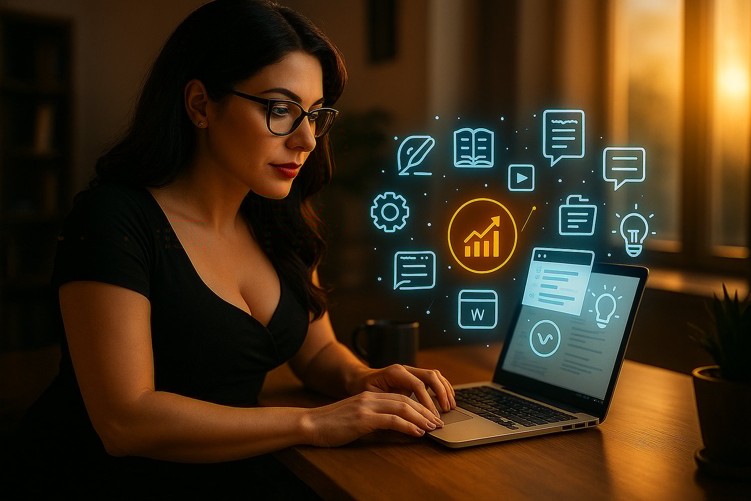 A glamorous woman with long dark hair and glasses works intently on a laptop at a desk. Colorful marketing, writing, and publishing icons are digitally overlaid around the screen, representing analytics, blog posts, email, content tools, and growth. The s