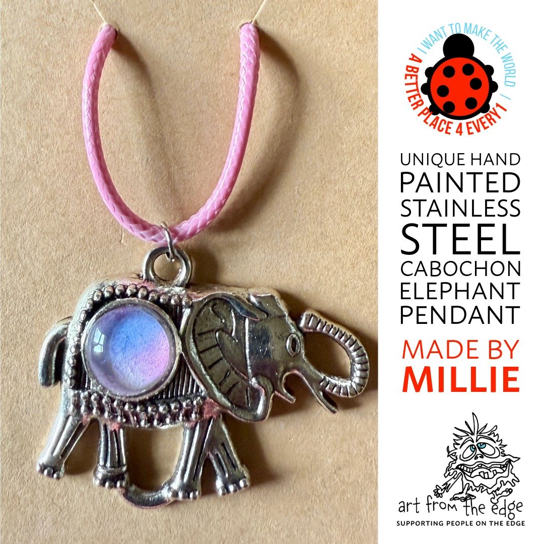 Unique hand painted stainless steel cabuchon elephant pendant Made by MIllie