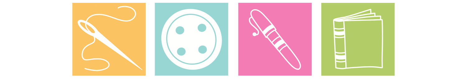 a logo of four coloured squares, orange with an illustrated white needle and thread, turquoise with an illustrated white button, pink with an illustrated white pen and a green square with a white illustrated book