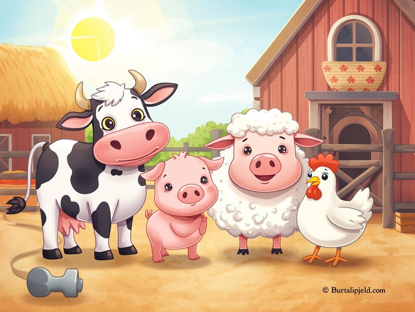 Sheep on the farmyard with his friends pig, chicken and a cow png