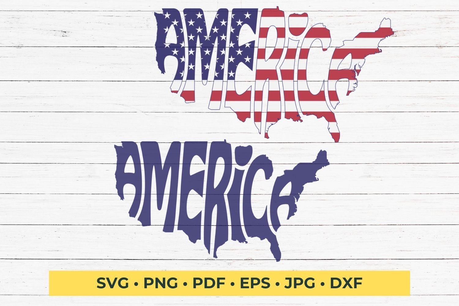 This patriotic design features the word America creatively arranged within the silhouette of the United States.