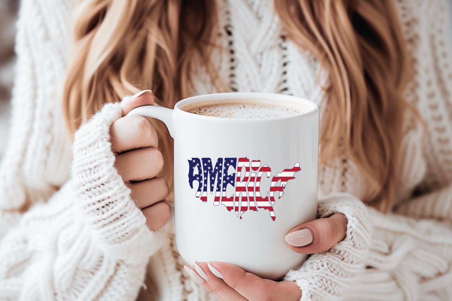 This patriotic design features the word America creatively arranged within the silhouette of the United States.