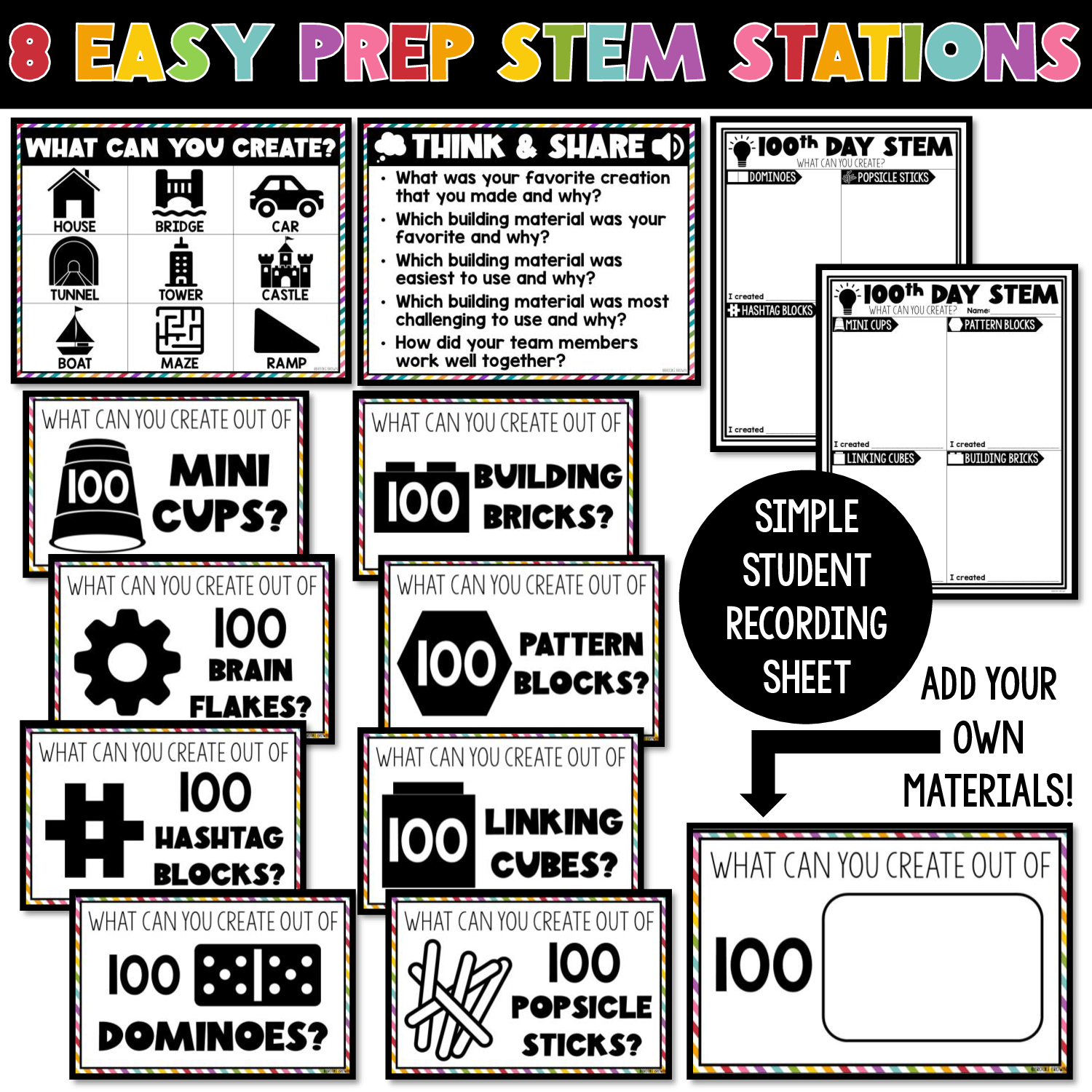 100th Day of School STEM Activities and Stations, Teambuilders 101st 102nd 103rd