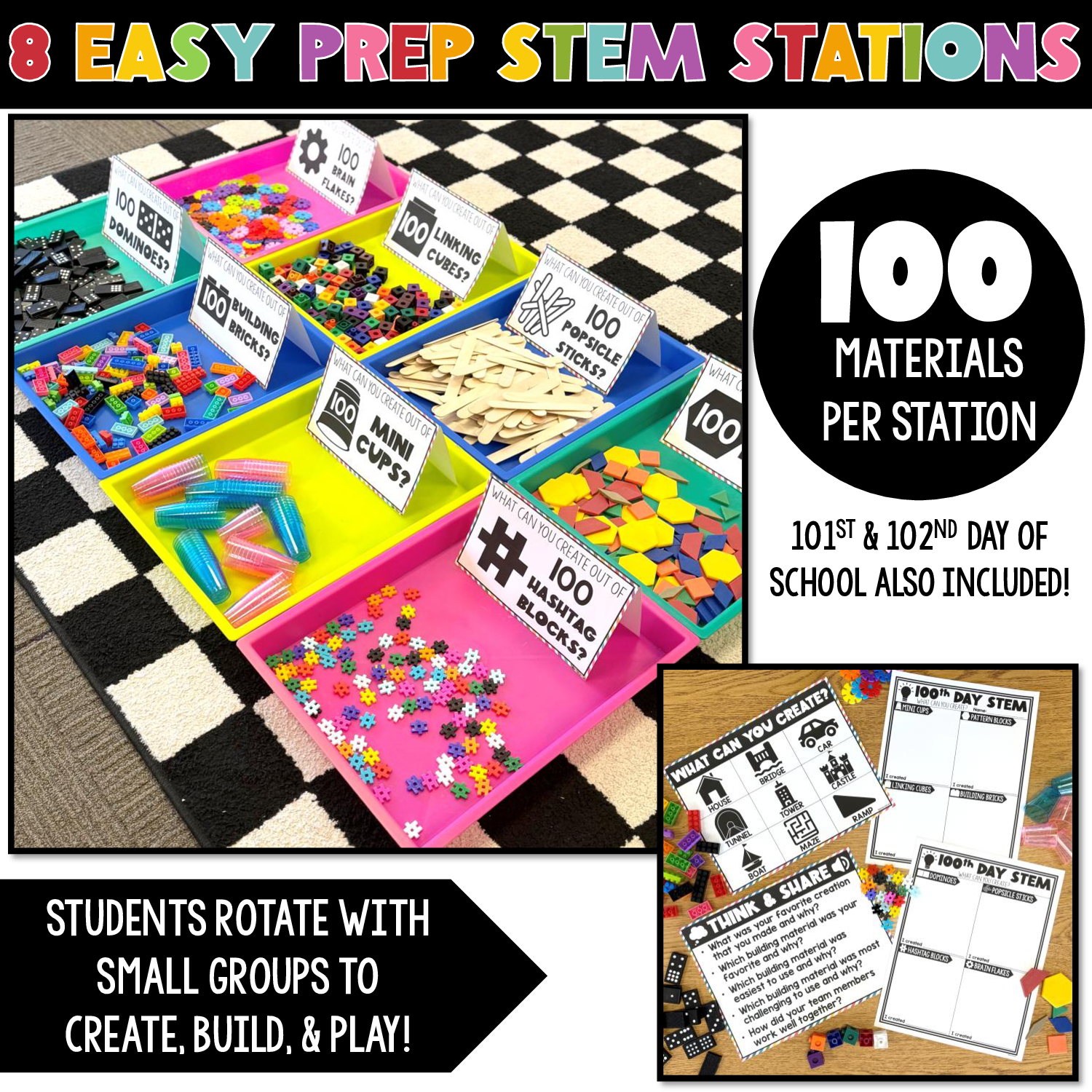 100th Day of School STEM Activities and Stations, Teambuilders 101st 102nd 103rd