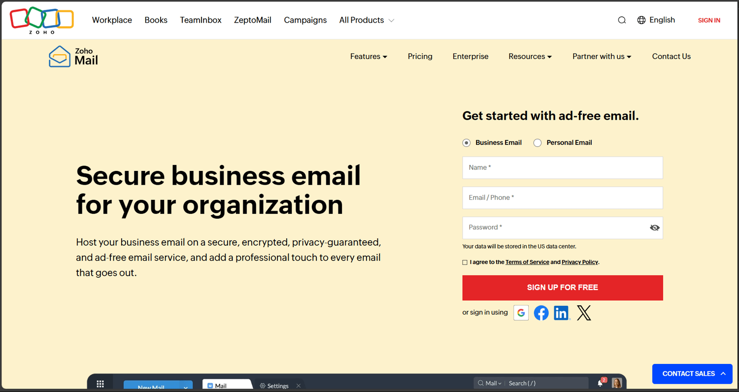 Zoho Mail Website Dashboard