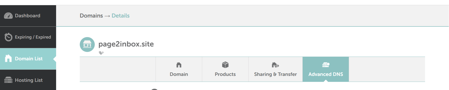 Namecheap user account dashboard showing Advanced DNS settings area
