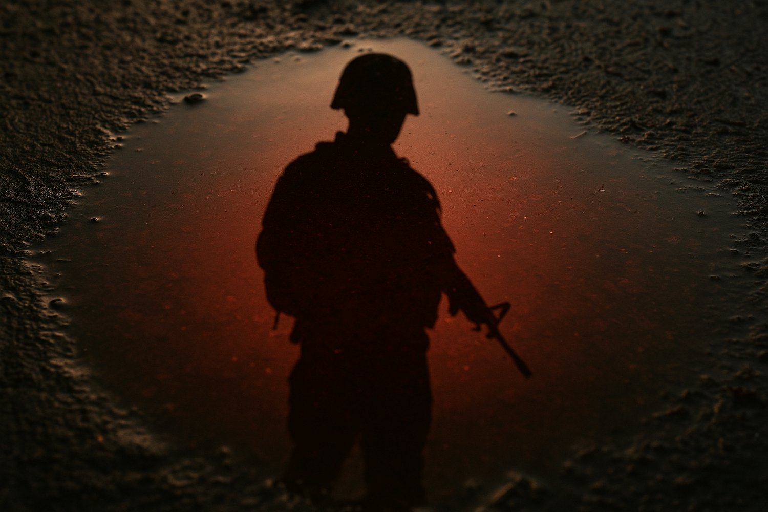 Moody, cinematic photo showing a soldier’s silhouette reflected in a rain puddle, with the reflection tinted red to symbolize the unseen blood, trauma, and ghosts of war beneath the surface.