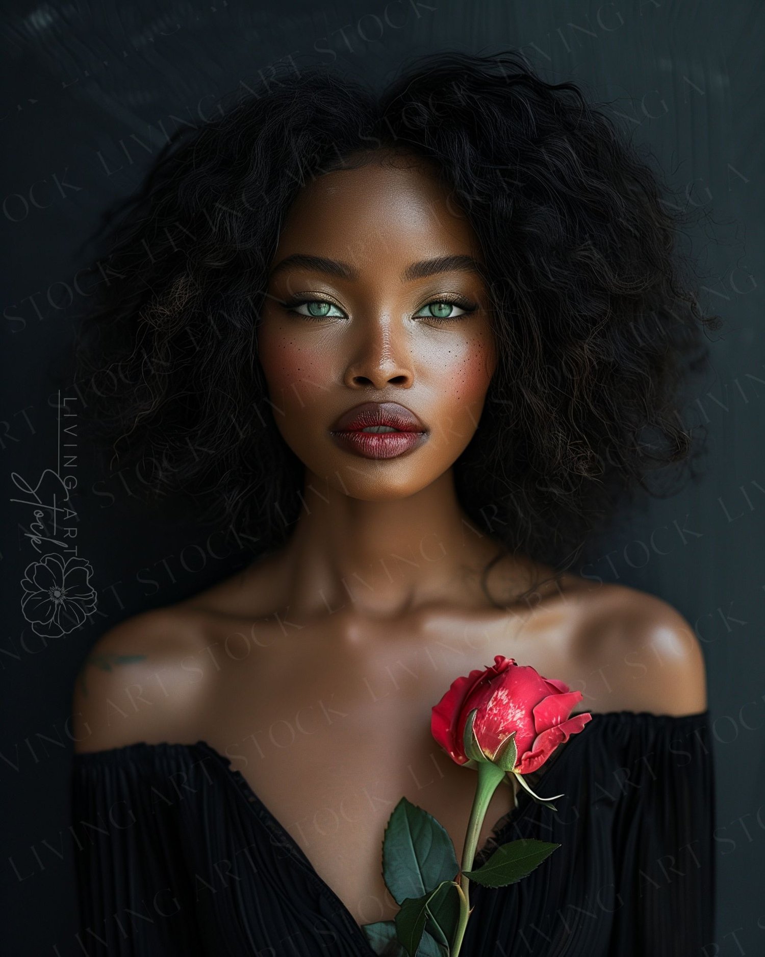 Dark skin Black woman with green eyes holding a red rose. Editorial style photo with dark background