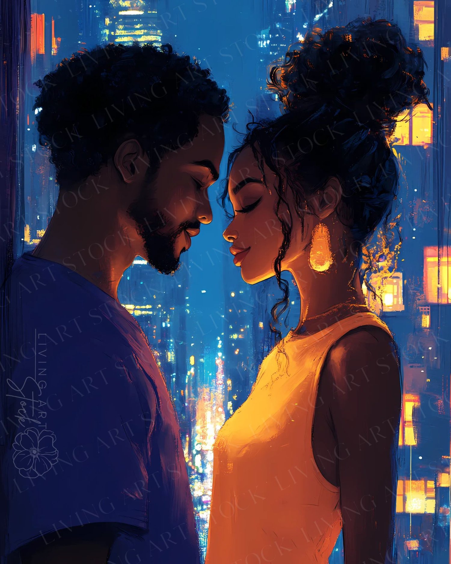A vibrant and stylized digital illustration of a young Black couple sharing an intimate moment in a cityscape at night. They are standing close, foreheads nearly touching, with eyes closed or lowered, conveying love and tenderness. The scene is dominated