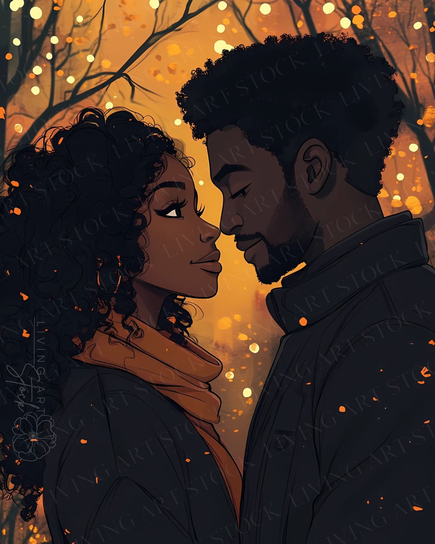 A charming and stylized digital illustration of a young Black couple sharing a romantic and intimate moment outdoors. They are standing very close, noses almost touching, framed in profile. The woman has long, voluminous curly hair and wears a black coat 