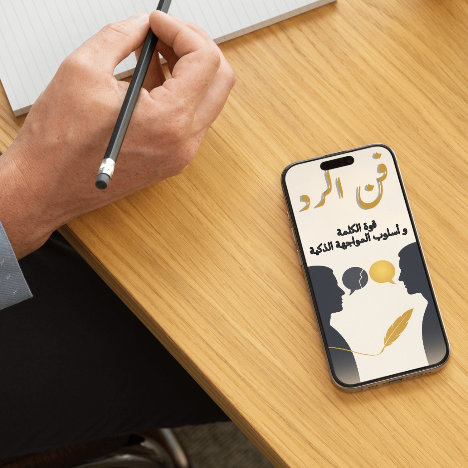 كتاب فنّ الردّ وقوّة الكلمة موضوع على مكتب أنيق بجانب قلم ودفتر، يرمز إلى التفكير الراقي وفن التعبير بثقة.
