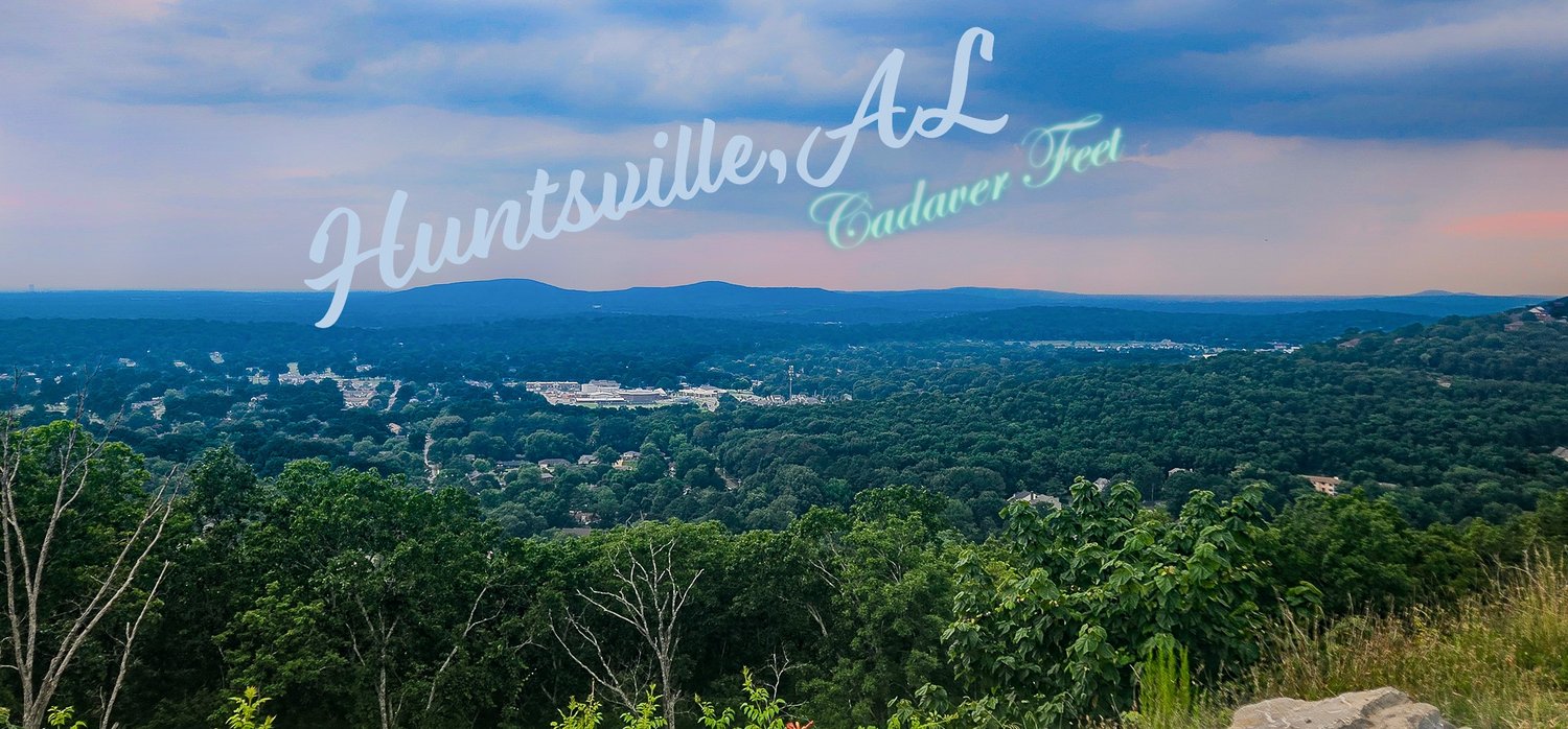 the view of trees and sky from and overlook the text huntsville al cadaver feet is in overlayed in the sky